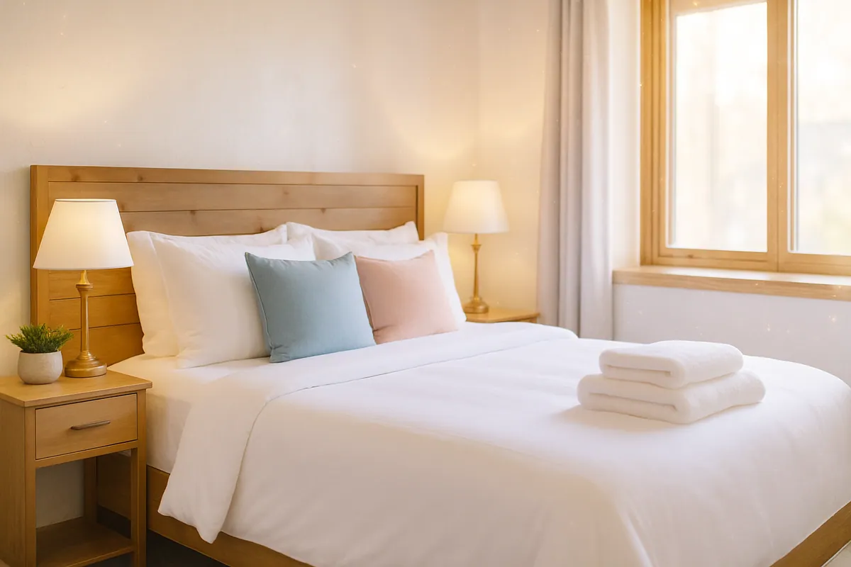 A guest-ready vacation rental living room with neatly folded towels and a fresh, welcoming setup.