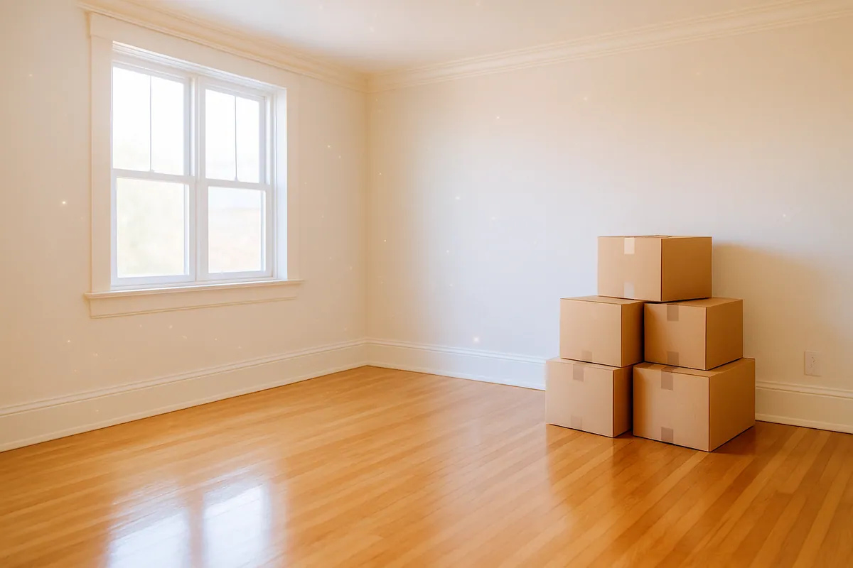 An empty, freshly cleaned room with bright natural light, ready for the next occupant.