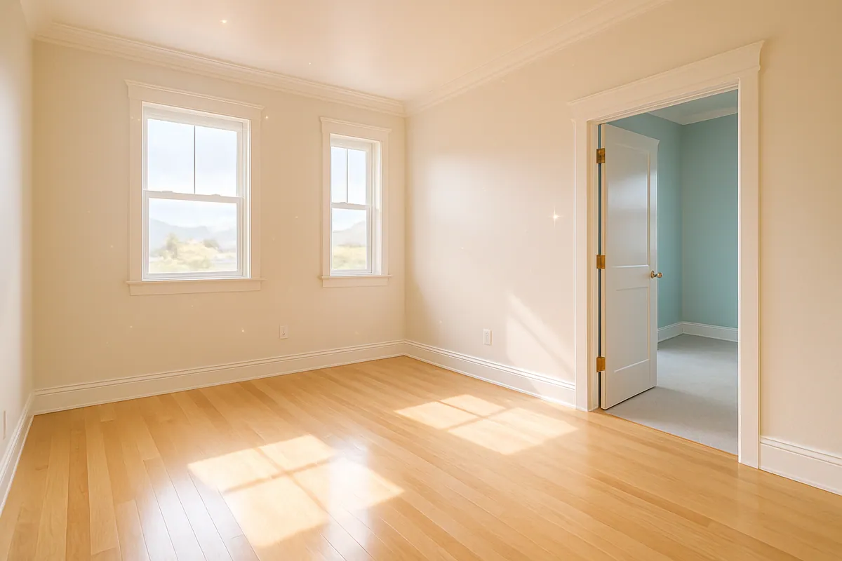 A newly remodeled, dust-free home interior with bright natural light after post-construction cleaning.