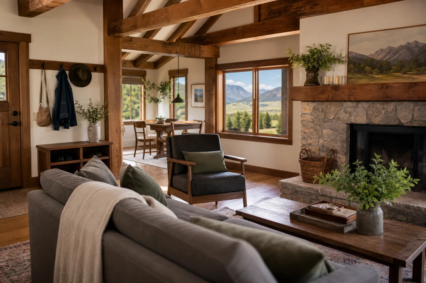 A cozy cabin living room with exposed wood beams, a stone fireplace, and mountain views through the windows.