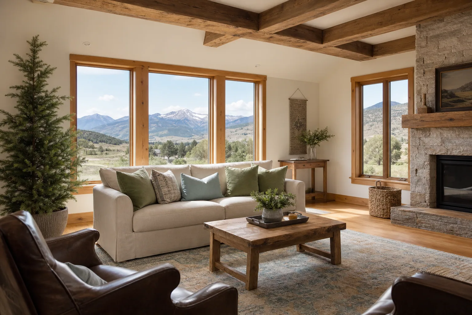 A bright, freshly cleaned Montana living room with a wood-beam ceiling, a cozy neutral sofa, and mountain views through large windows.