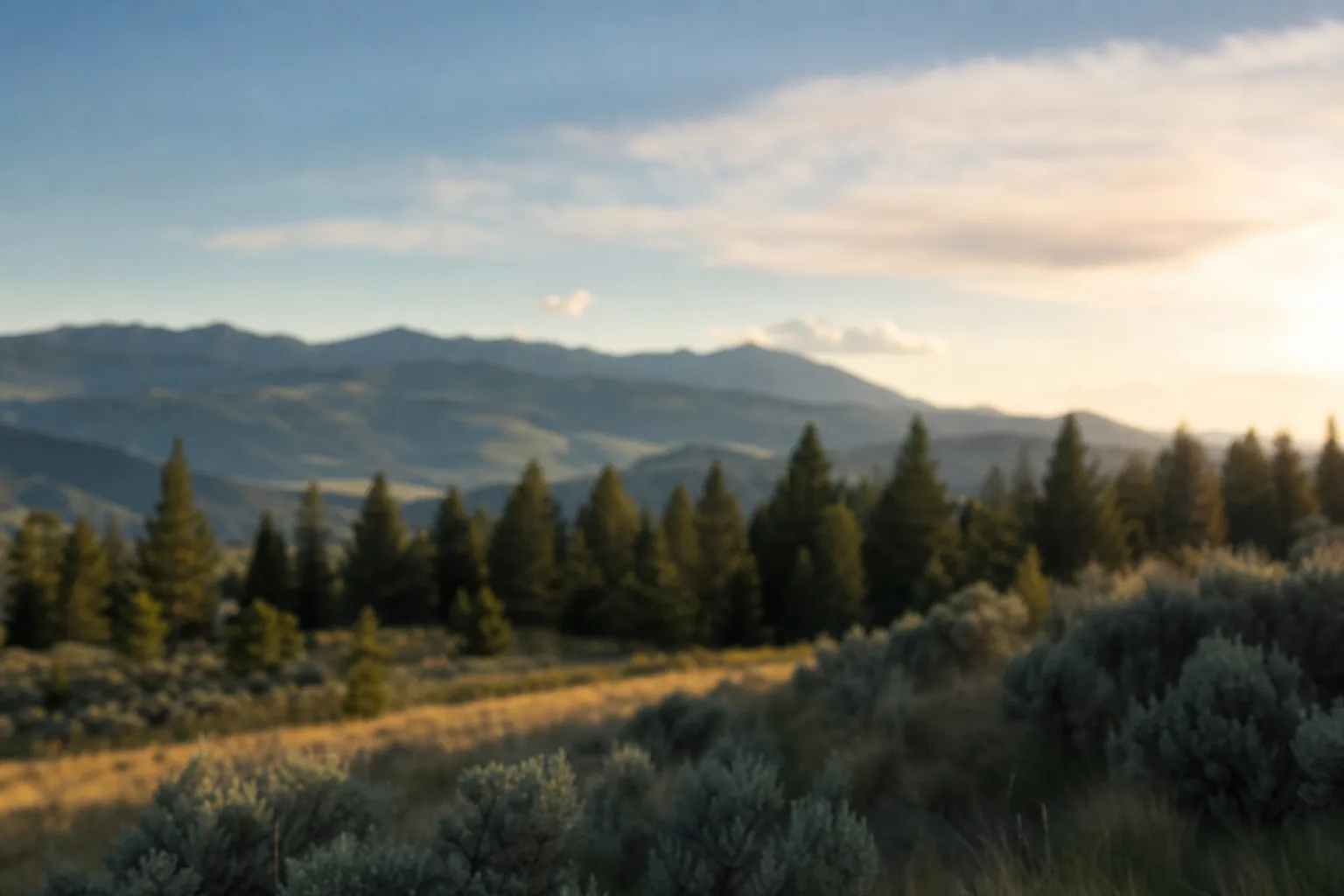 A soft, out-of-focus Montana valley landscape at golden hour with layered ridgelines and an evergreen treeline.