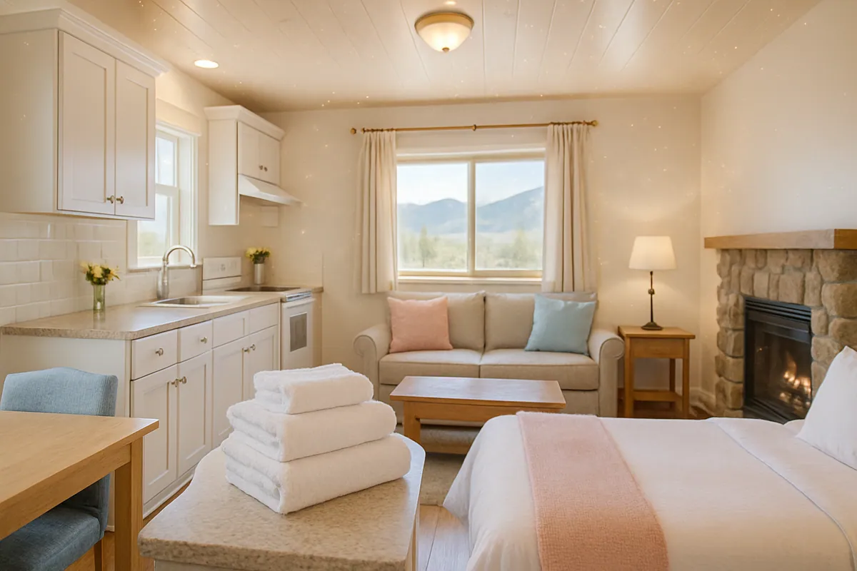 Guest-ready vacation rental living room near Paradise Valley, Montana with neatly folded towels and a fresh, welcoming setup.