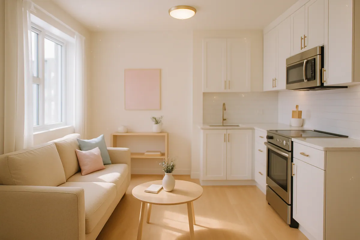 Clean, freshly tidied apartment living space in Livingston, Montana with bright natural light.