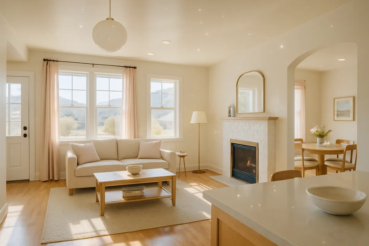 Bright, freshly cleaned living room in a Livingston, Montana home with warm natural light and tidy, polished surfaces.