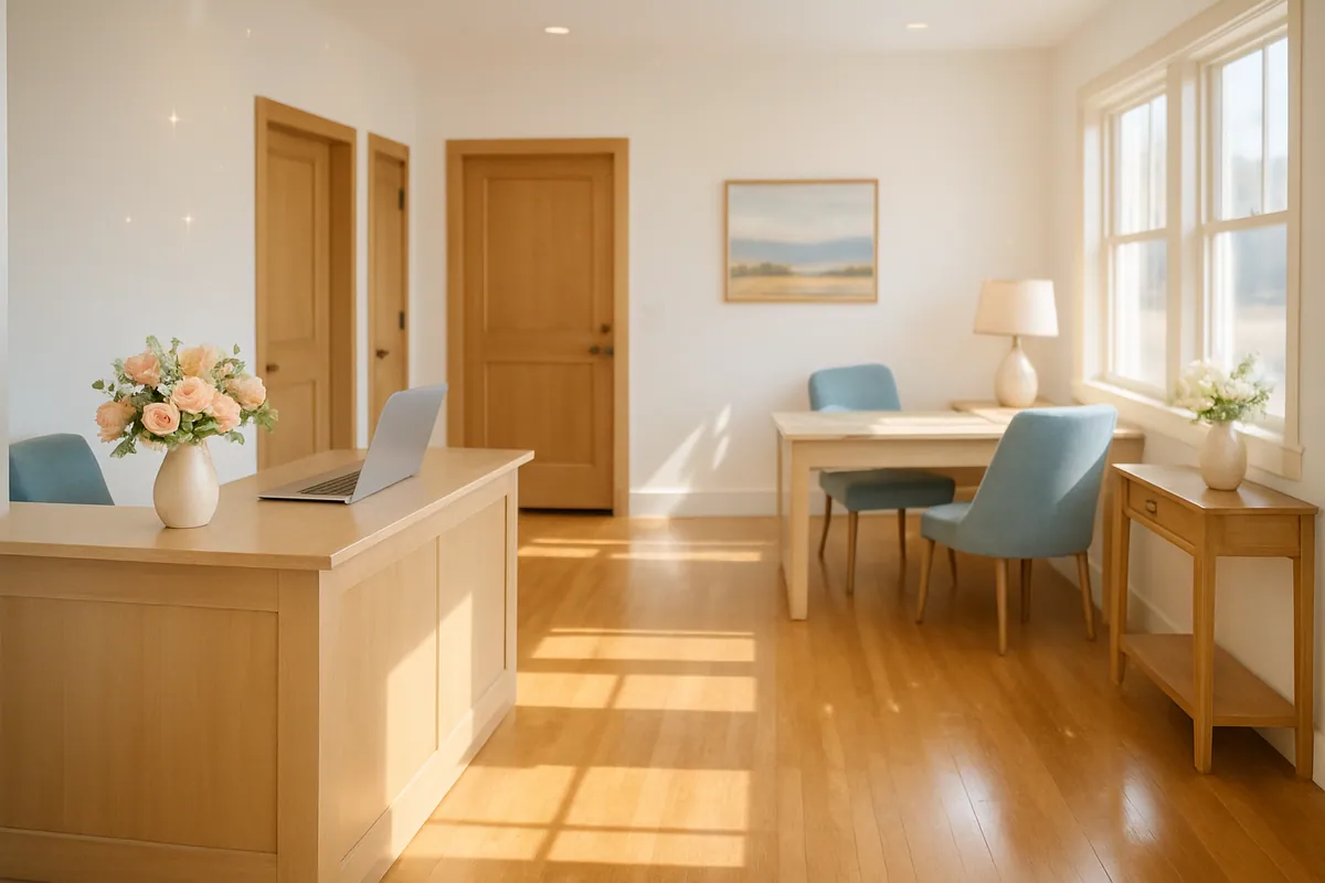 Tidy, professional small-office reception area in Livingston, Montana with clean desks and polished floors.