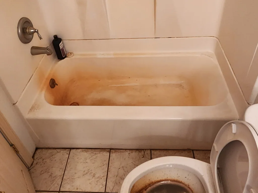 A bathtub and toilet heavily marked with rust and mineral staining before a deep cleaning.