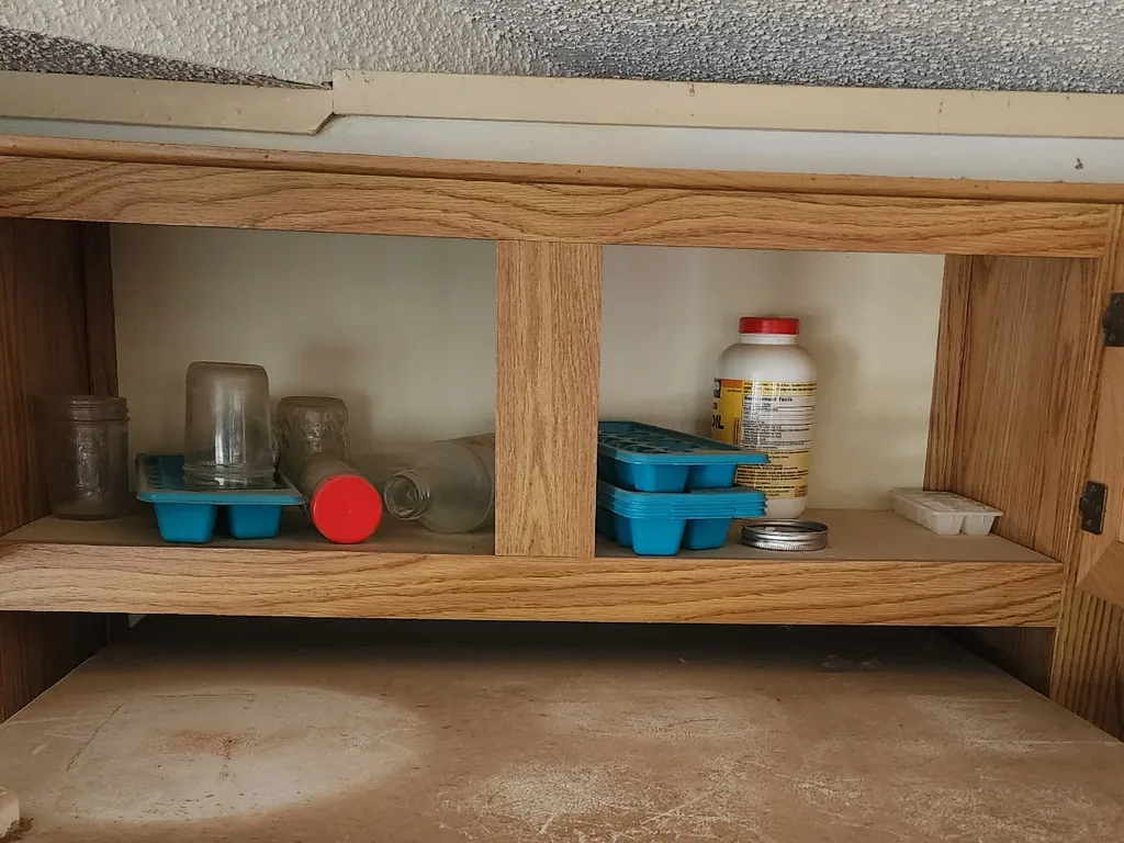 Open kitchen cabinets holding jars and containers before being emptied and cleaned.
