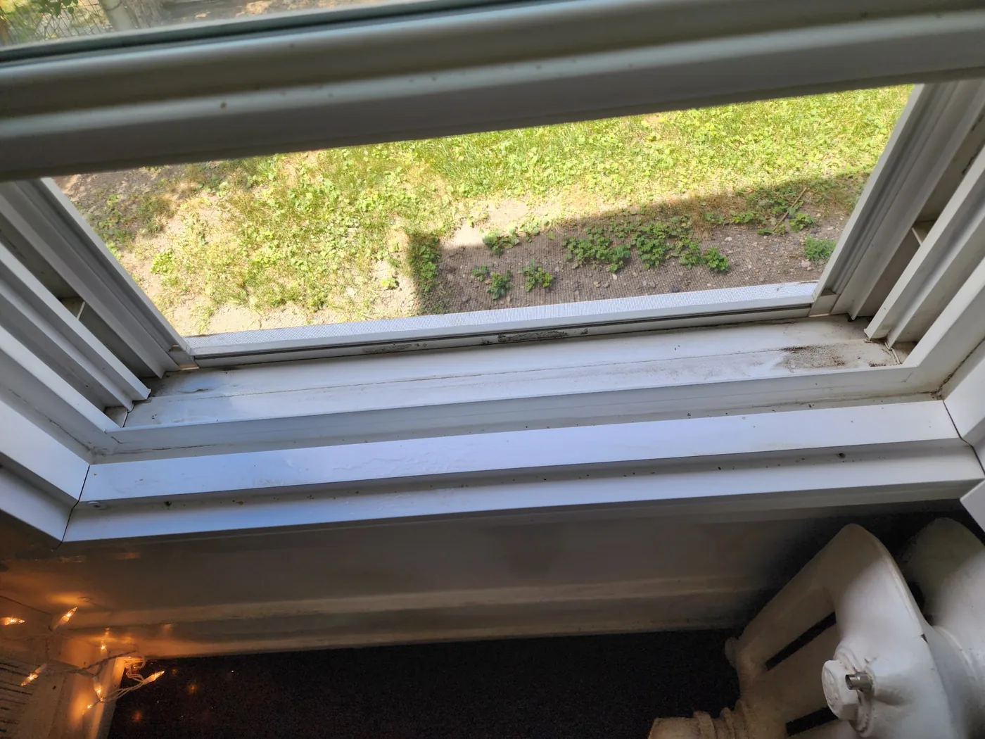 A freshly cleaned window sill and open window looking out onto a sunlit green lawn.