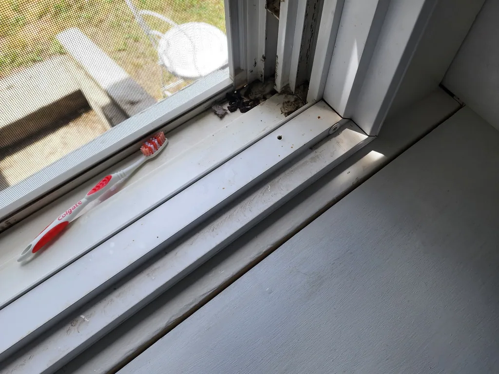 A window sill and sliding track packed with black grime before detail cleaning, with a detailing brush resting on the sill.